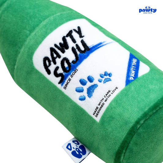 Green soju bottle-shaped dog toy  with 'PAWTY SOJU' branding on a white background