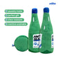 Green soju bottle-shaped dog toy with blue cap and "pawty soju" label on a white background. Text on graphic also lists toy features