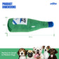 Green soju bottle-shaped dog toy with dimensions and a label, featuring five dogs below.