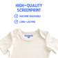 White baby onesie with 'ChunkyDell' branding and text about screenprint quality on a white background.