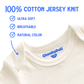 Close-up of a white garment with 'ChunkyDeli' branding, highlighting features like 100% cotton jersey knit, ultra soft, breathable, and natural color.
