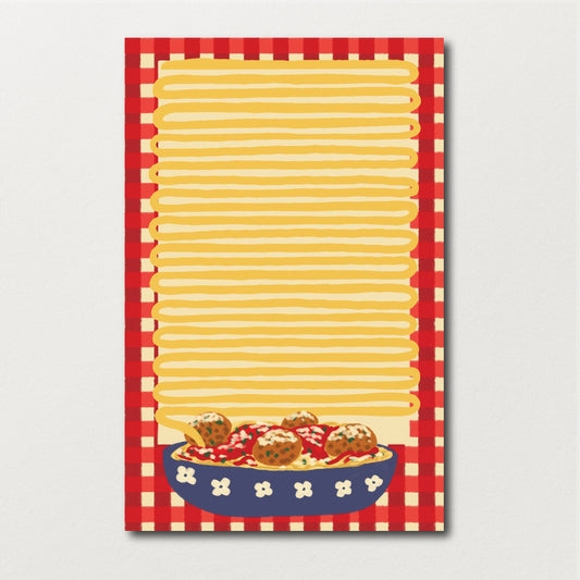 Spaghetti and meatball themed notepad. Has a bowl of spaghetti and meatballs at the bottom, notepad has a red gingham print with yellow lines in center, resembling a long pasta noodle 