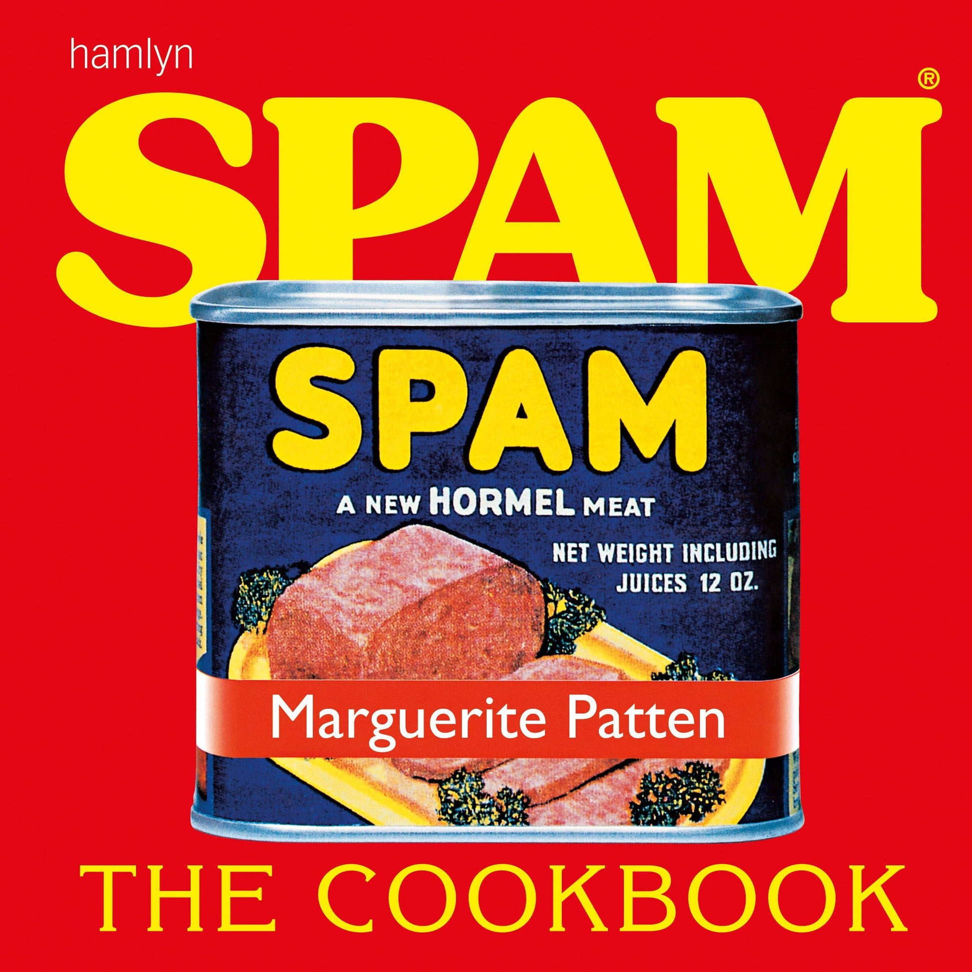 Spam cookbook cover with a can of Spam on a red background