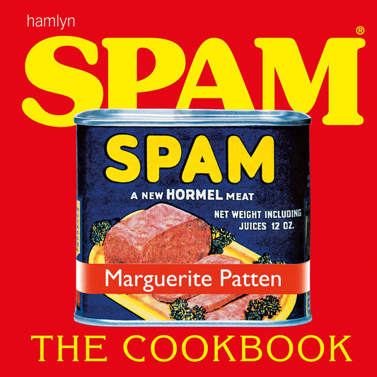 Spam cookbook cover with a can of Spam on a red background