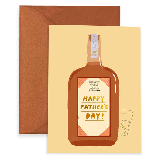 Father's day greeting card with a bottle of whiskey and clear glass with ice. Bottle label reads "Whiskey Special Reserve. Happy Father's Day!" 