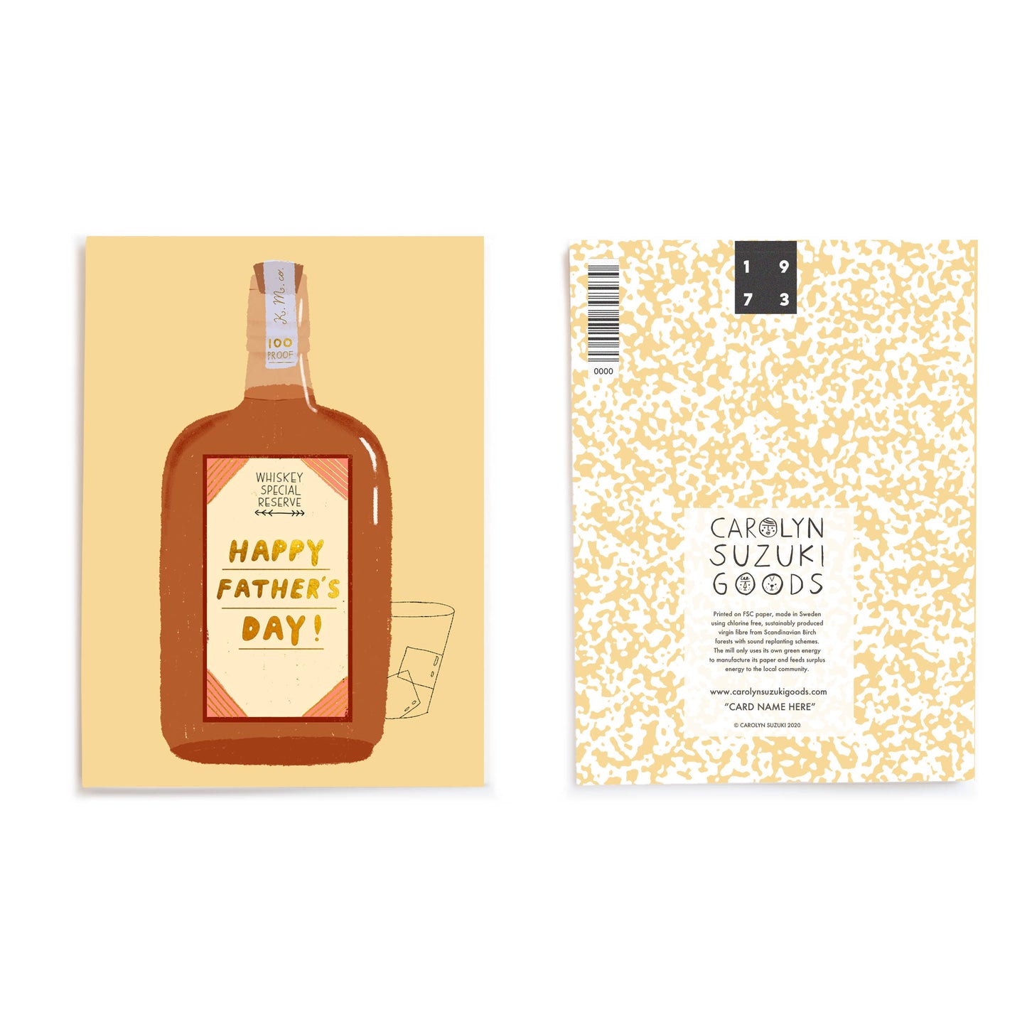 Father's day greeting card with a bottle of whiskey and clear glass with ice. Bottle label reads "Whiskey Special Reserve. Happy Father's Day!" Also pictured here is the back of the card with brand name and a speckled tan design 