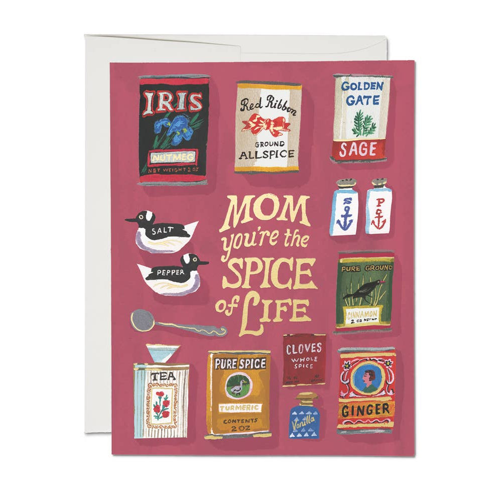 Mother's Day themed greeting card with spice-themed design and text on a red background