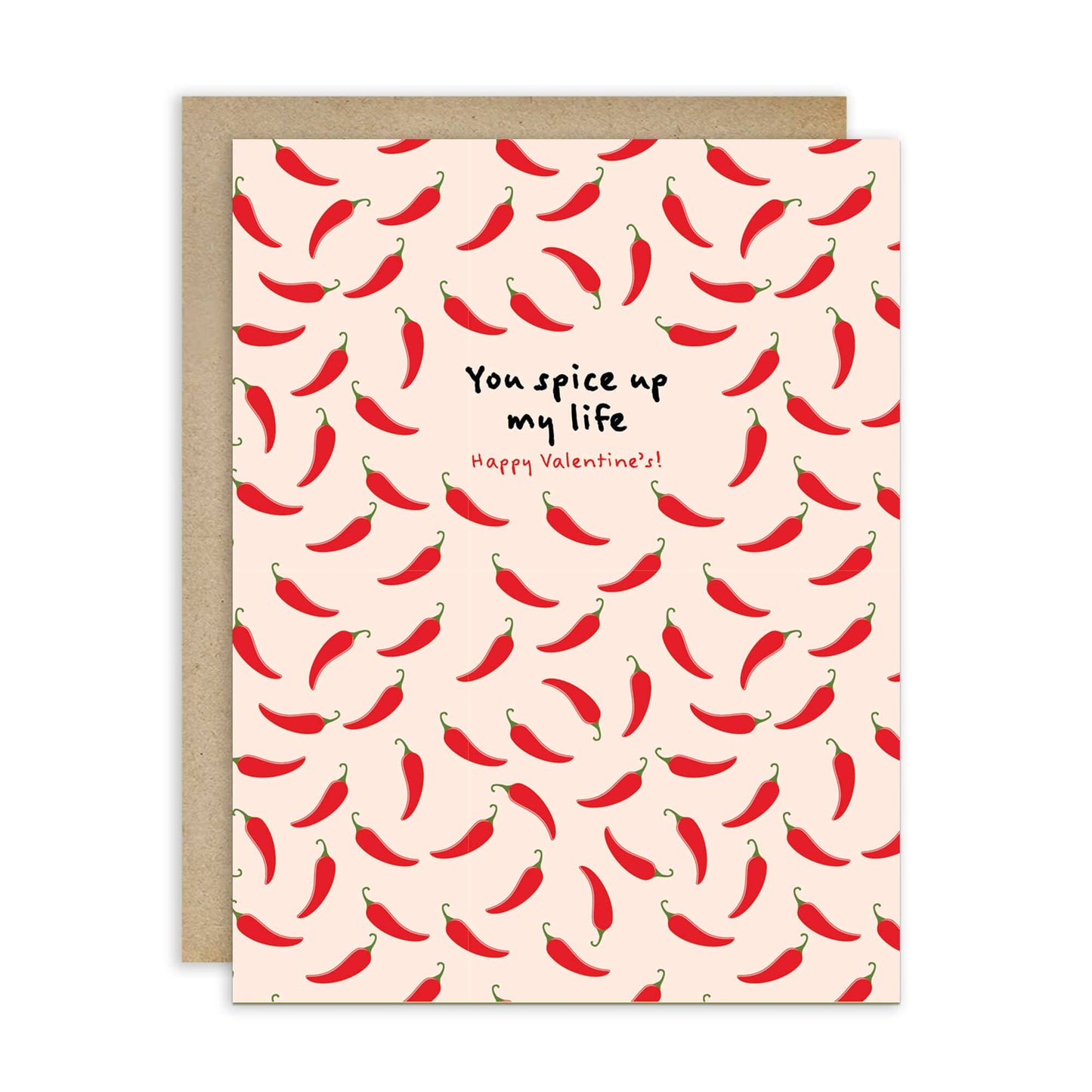 Greeting card with red chili pepper pattern and text "you spice up my life. Happy Valentine's!" on a beige background