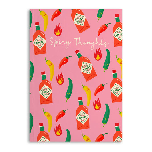 notebook with chili peppers, hot sauce bottles and fireballs on it and text in top center that reads "Spicy Thoughts" 