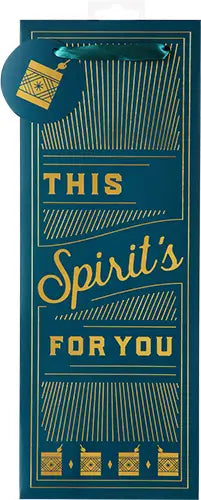 This Spirit's for You gift bag in navy blue with gold foil writing. Navy ribbon handle and little gift tag attached. Has a rocks glass motif.
