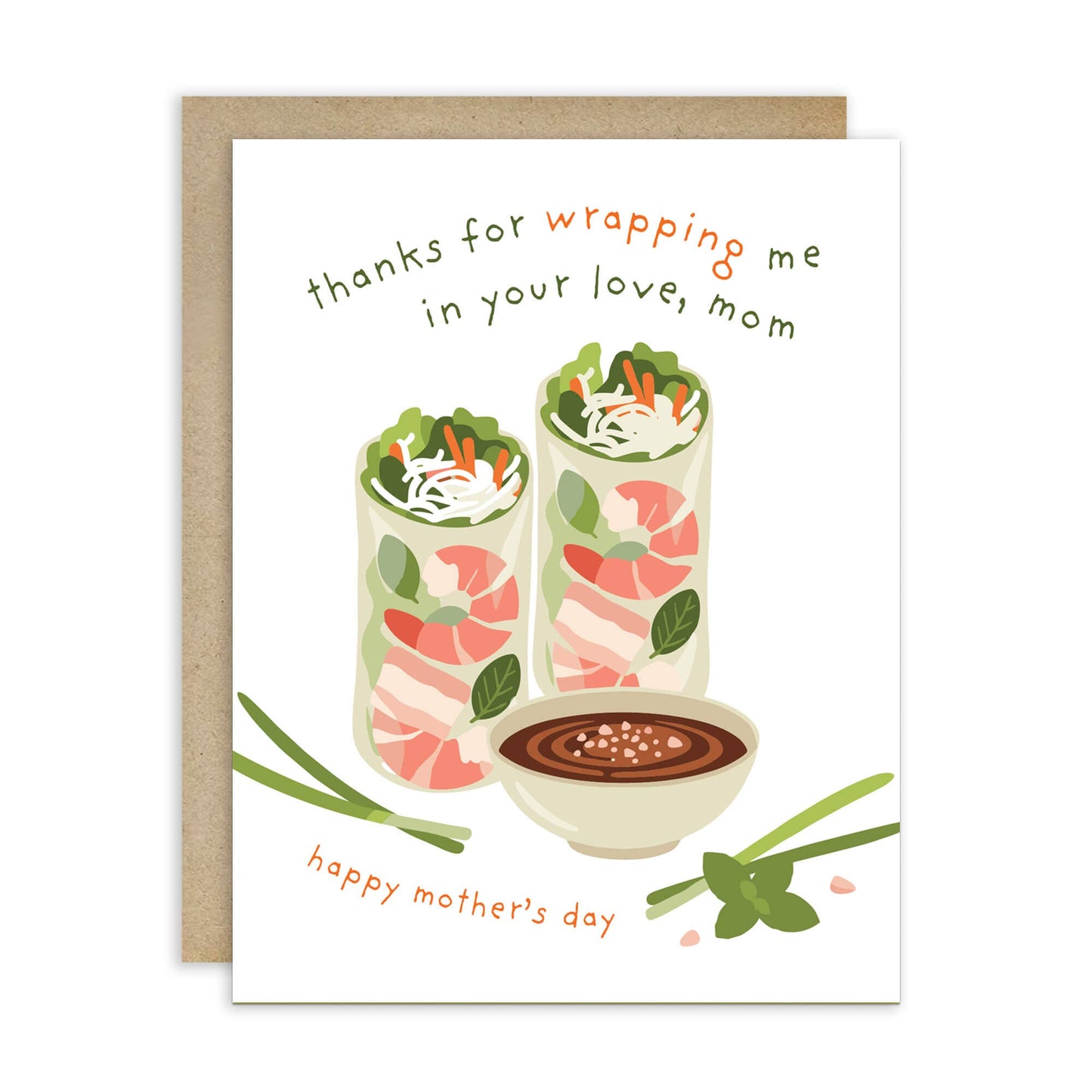 Greeting card with Vietnamese spring roll illustration and text for Mother's Day