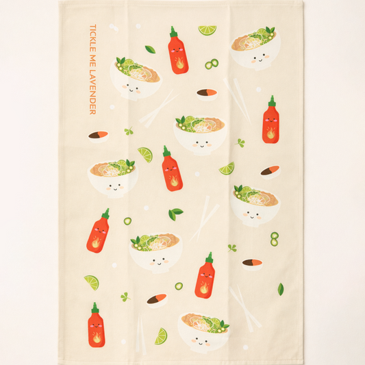 Beige towel with vietnamese food illustrations on a white background