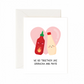 Card with cartoon sriracha and mayonnaise bottles on a heart-shaped background with text 'We go together like Sriracha and Mayo'.