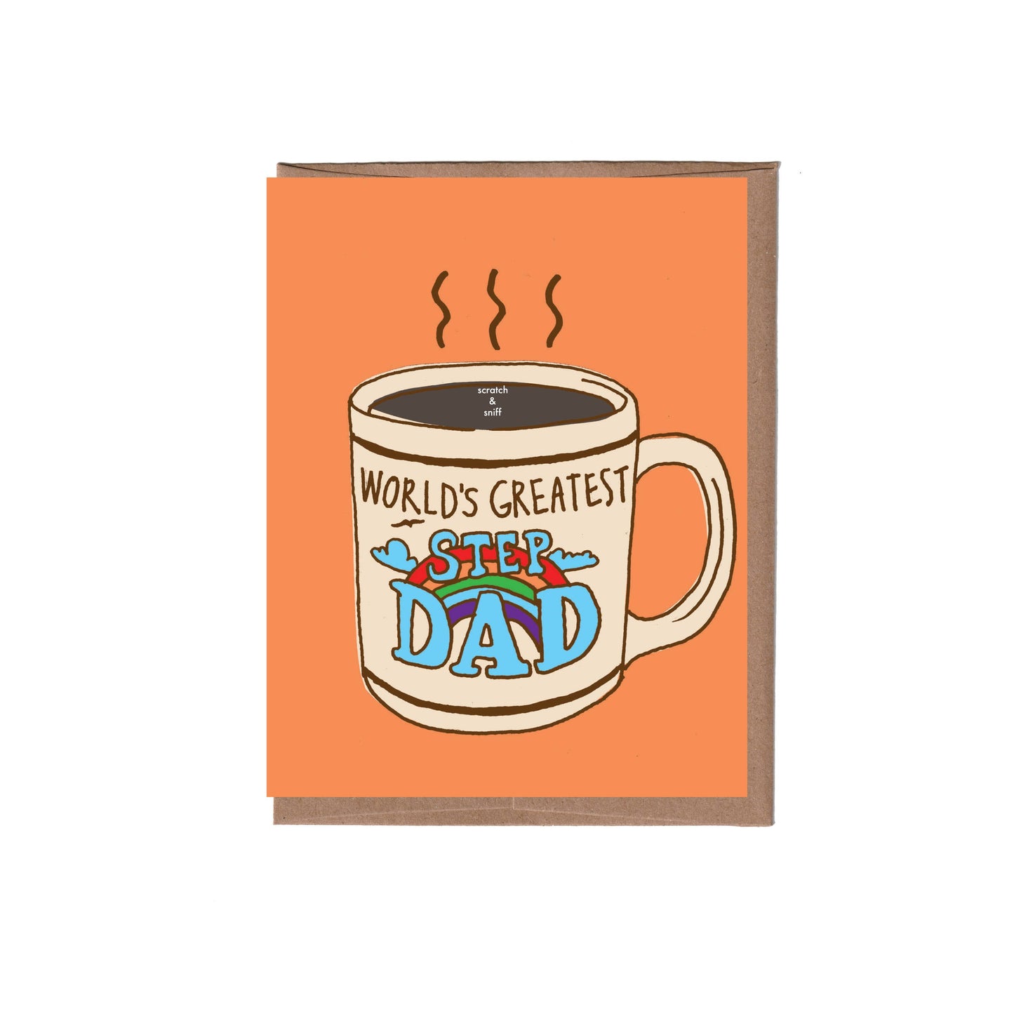Card with a coffee mug illustration and 'World's Greatest Step Dad' text on an orange background
