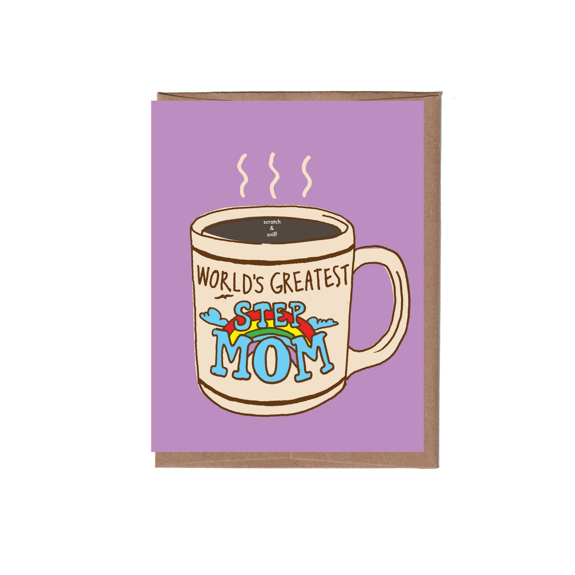 Card with a coffee mug illustration and text 'World's Greatest Step Mom' on a purple background