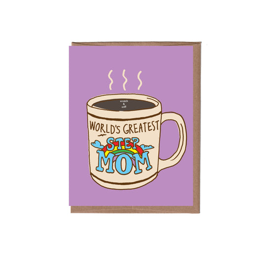 Card with a coffee mug illustration and text 'World's Greatest Step Mom' on a purple background