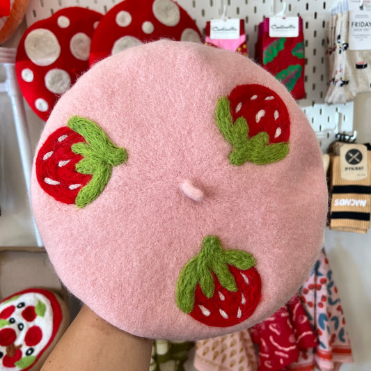 Pink Beret with 3 strawberries wool-felted on the top.