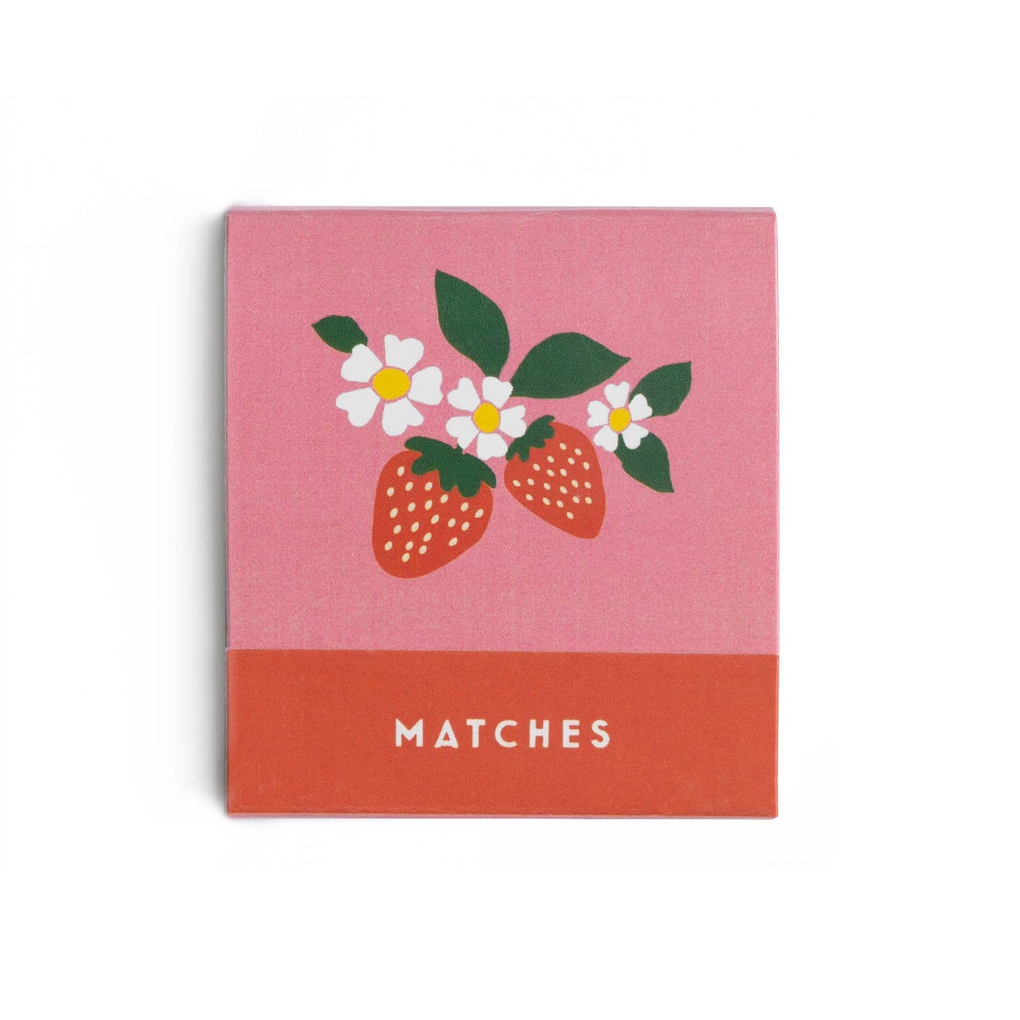 Matchbook with strawberry and flower design on a pink background