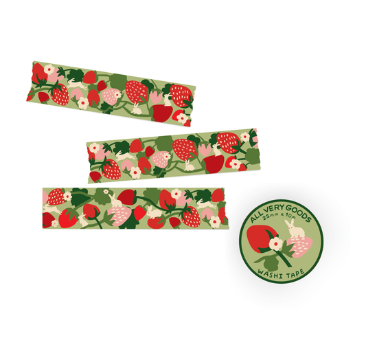 washi tape with strawberry and floral design, labeled 'All Very Goods' on a white background.