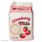 Pouch that looks like a carton of Strawberry milk. Image has 3 strawberries. Carton is red, pink and white.