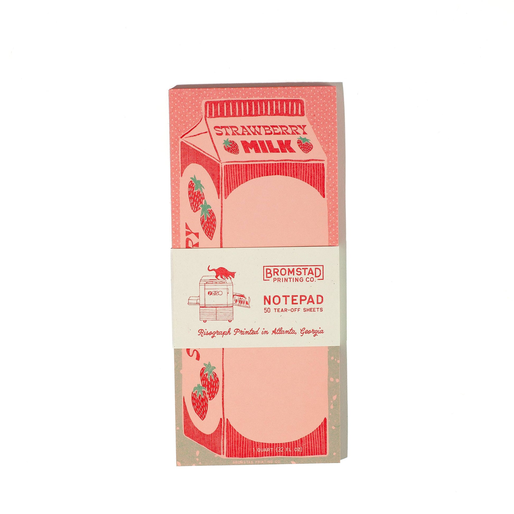 Notepad with strawberry milk design on a white background