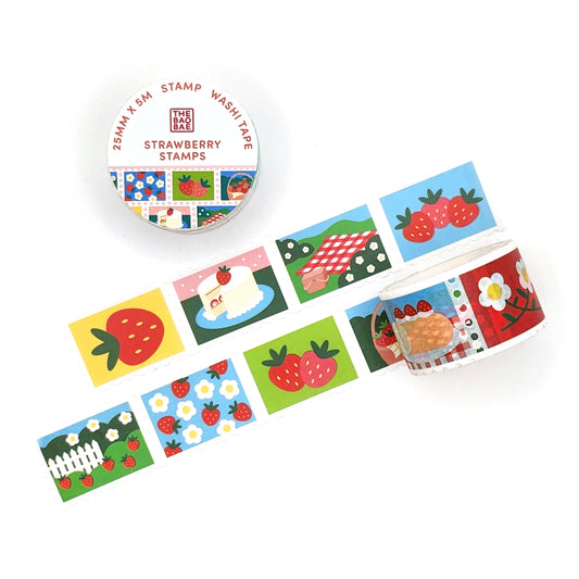 Set of strawberry-themed washi tape stamps on a white background