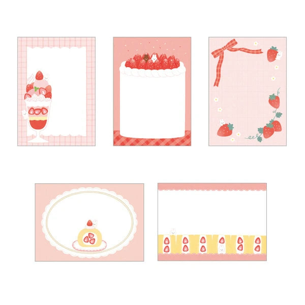 Showcasing each of the five designs in notepad. Images include a strawberry parfait, a tall white cake with strawberries only on top, strawberries on the vine, strawberry roll cake and individual slices of strawberry cake