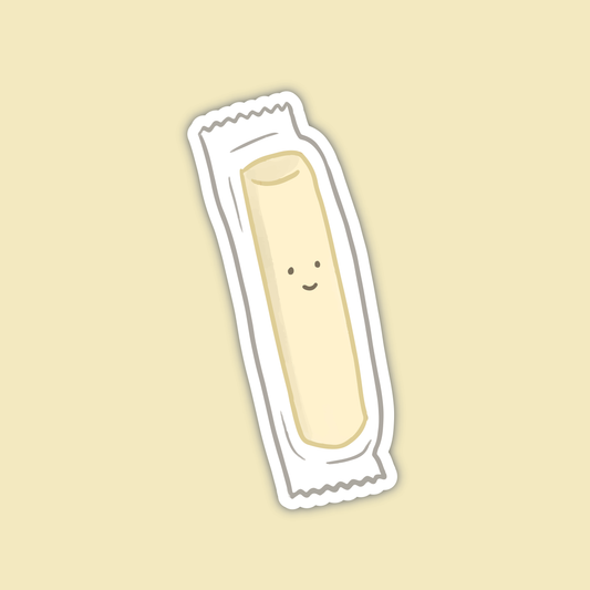 Sticker of a cartoon-style string cheese on a beige background