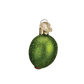Green glittery stuffed olive Christmas ornament hanging on white background 