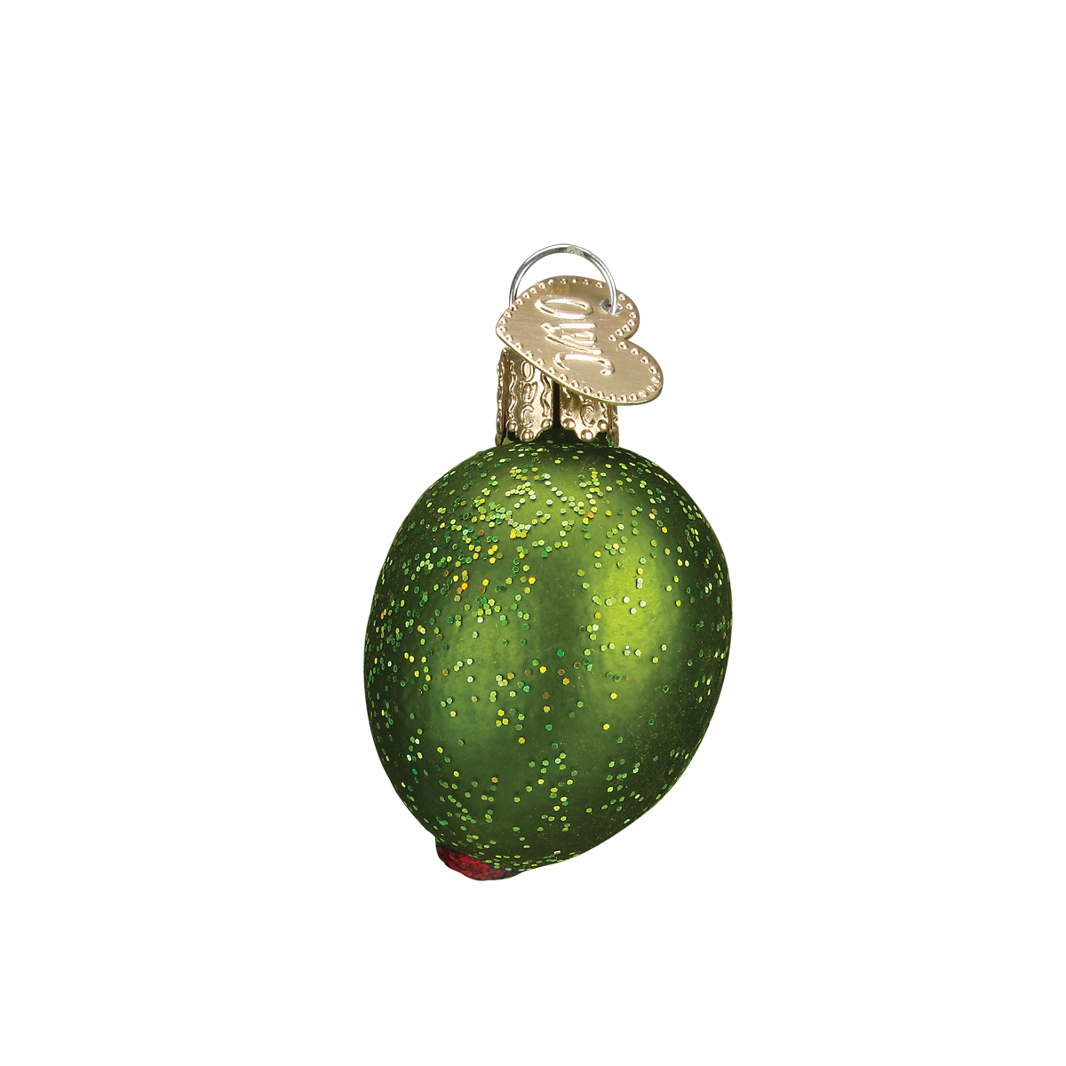 Green glittery stuffed olive Christmas ornament hanging on white background 