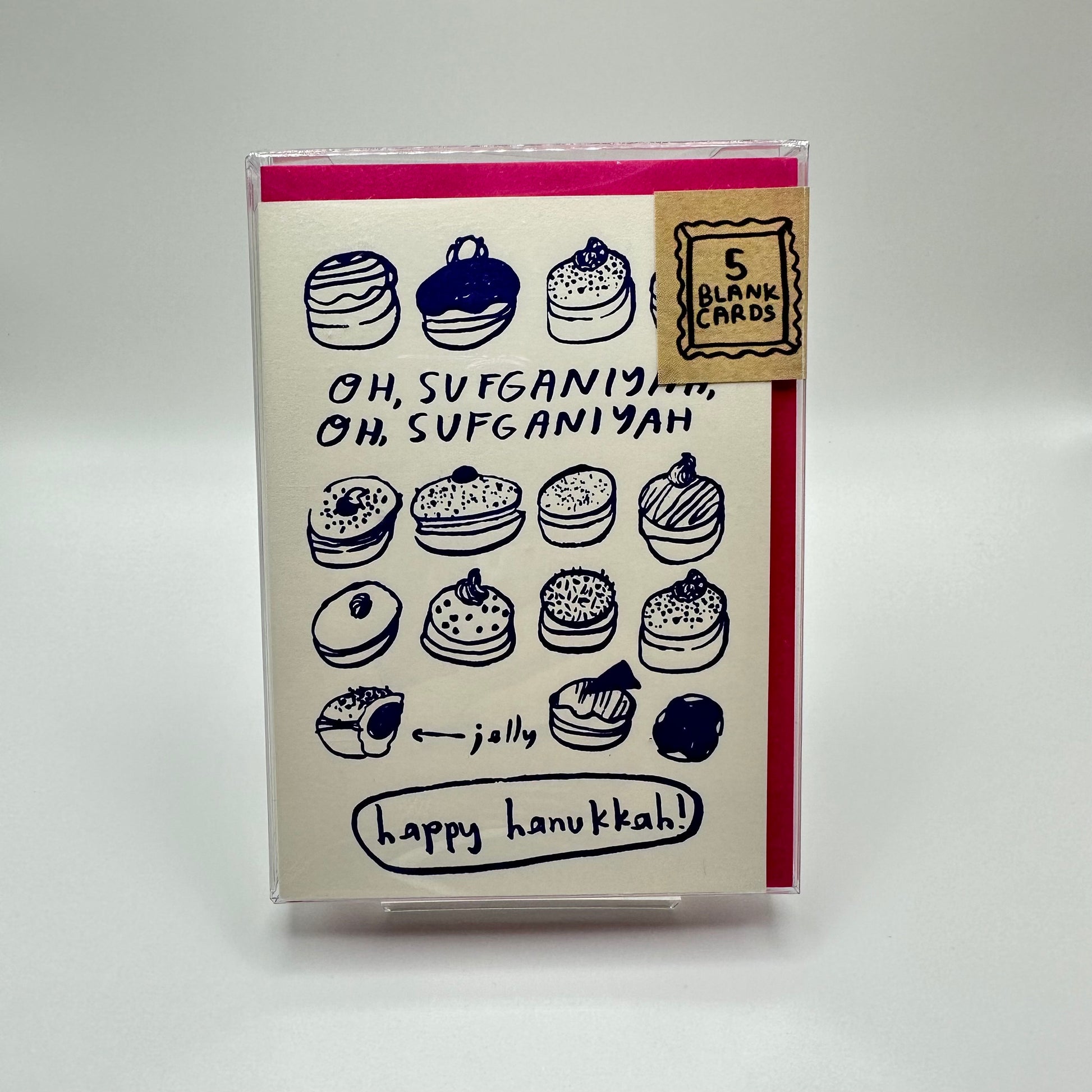 Hanukkah card filled with assorted jelly donuts. Card reads" Oh Sufganiyah, oh Sufganiyah. Cards are in a clear plastic box with a little label that says: 5 Blank Cards.