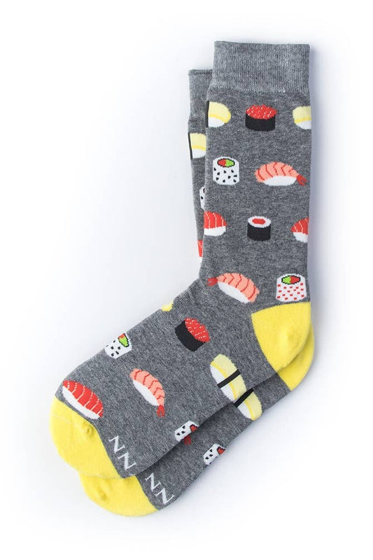Gray socks with sushi pattern on a white background