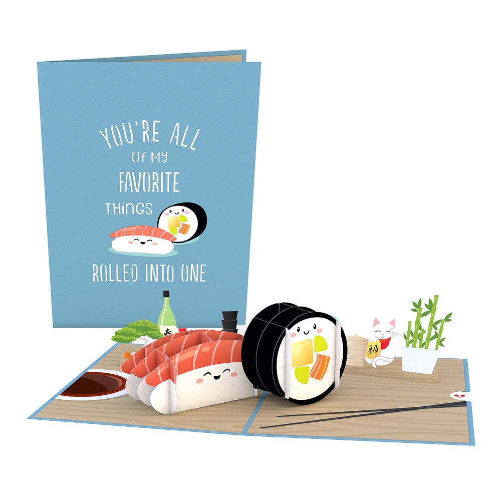 sushi pop up greeting card -- shown are the front of the card that reads "You're all of my favorite things rolled into one" and the inside which features the pop-up sushi pieces and decor