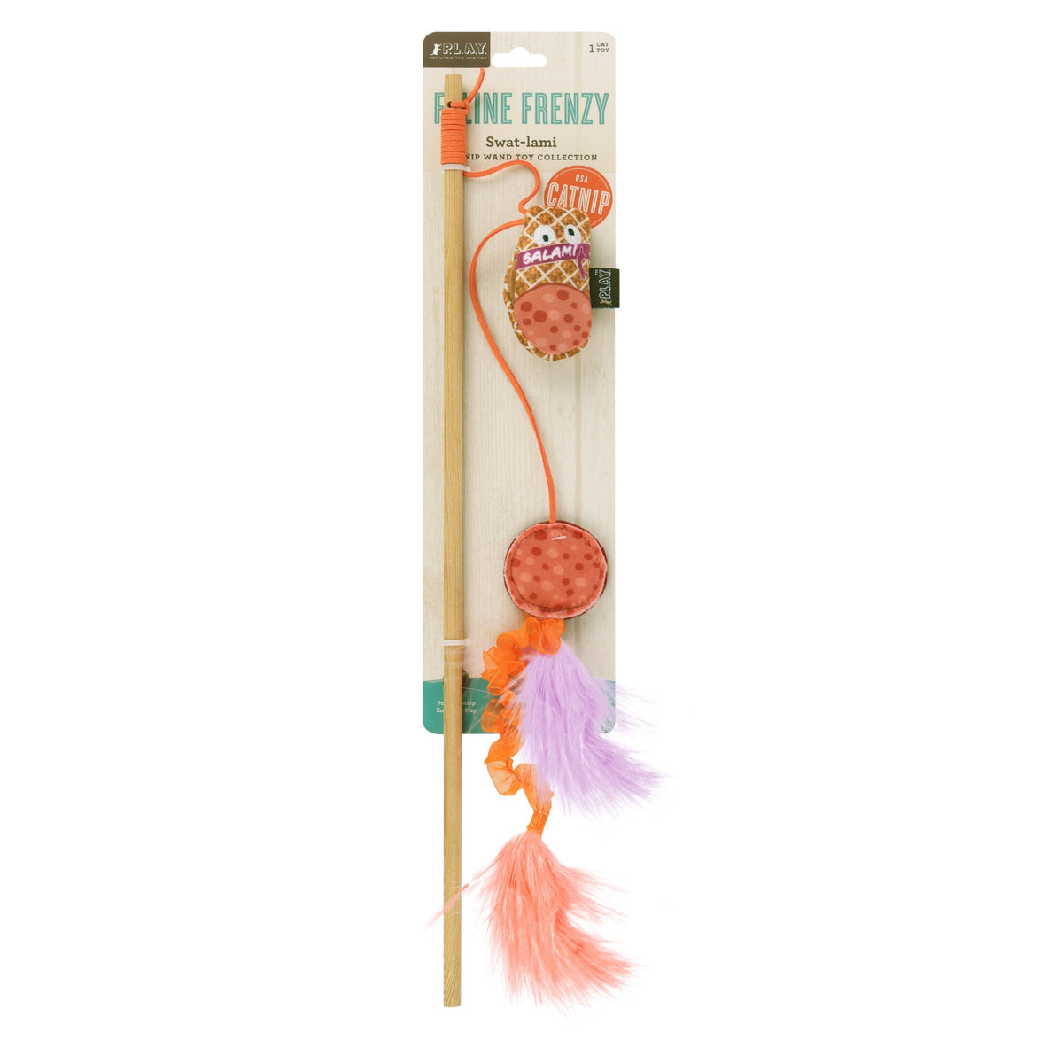 Cat toy with colorful tassels in packaging on a white background