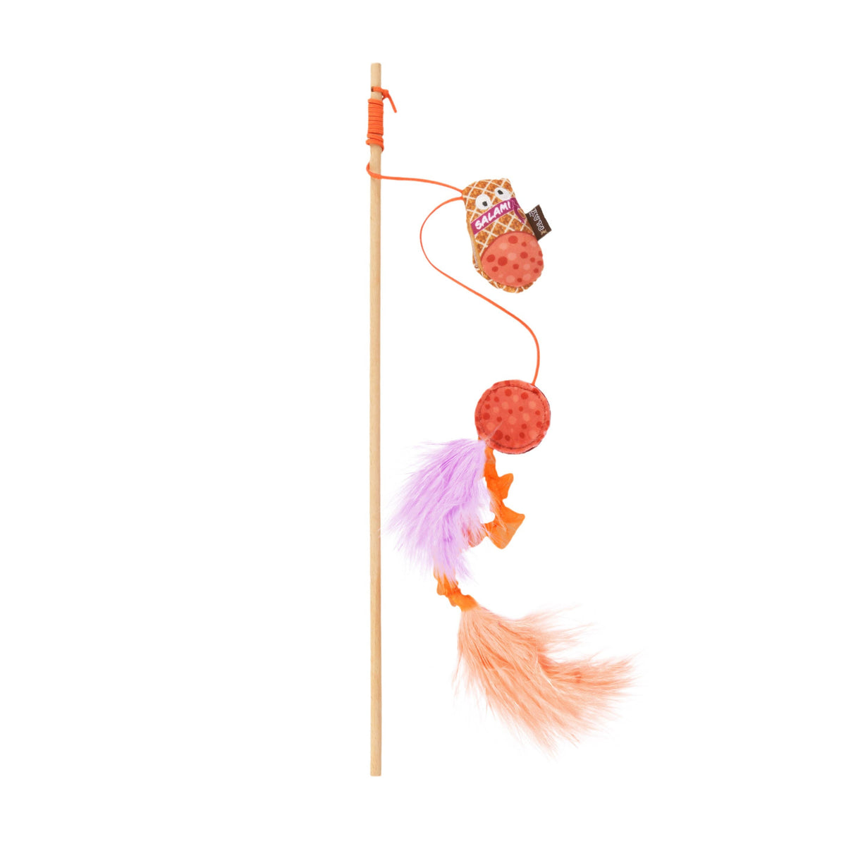 Cat toy with a pole and colorful hanging elements on a white background