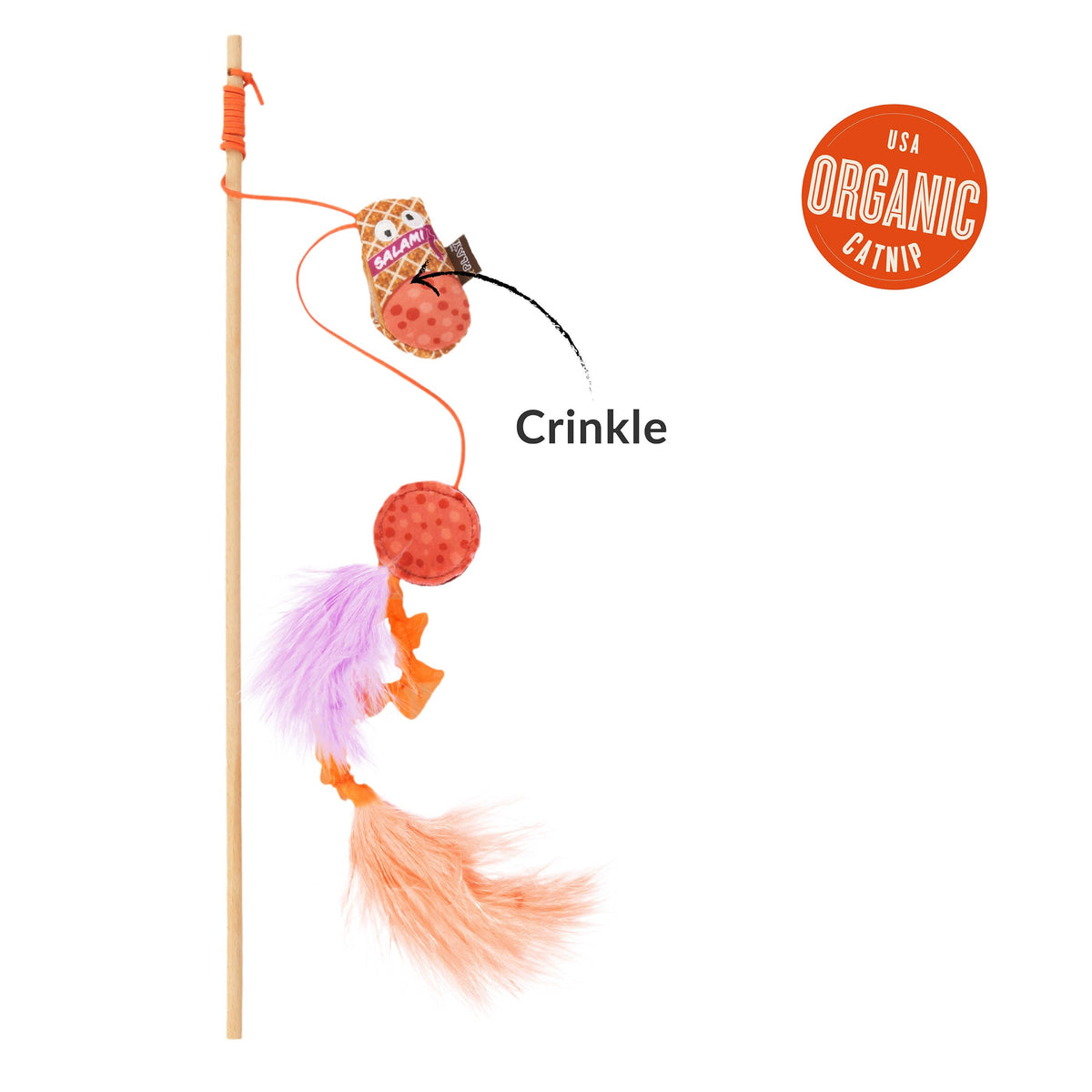 Cat toy with crinkle elements on a stick
