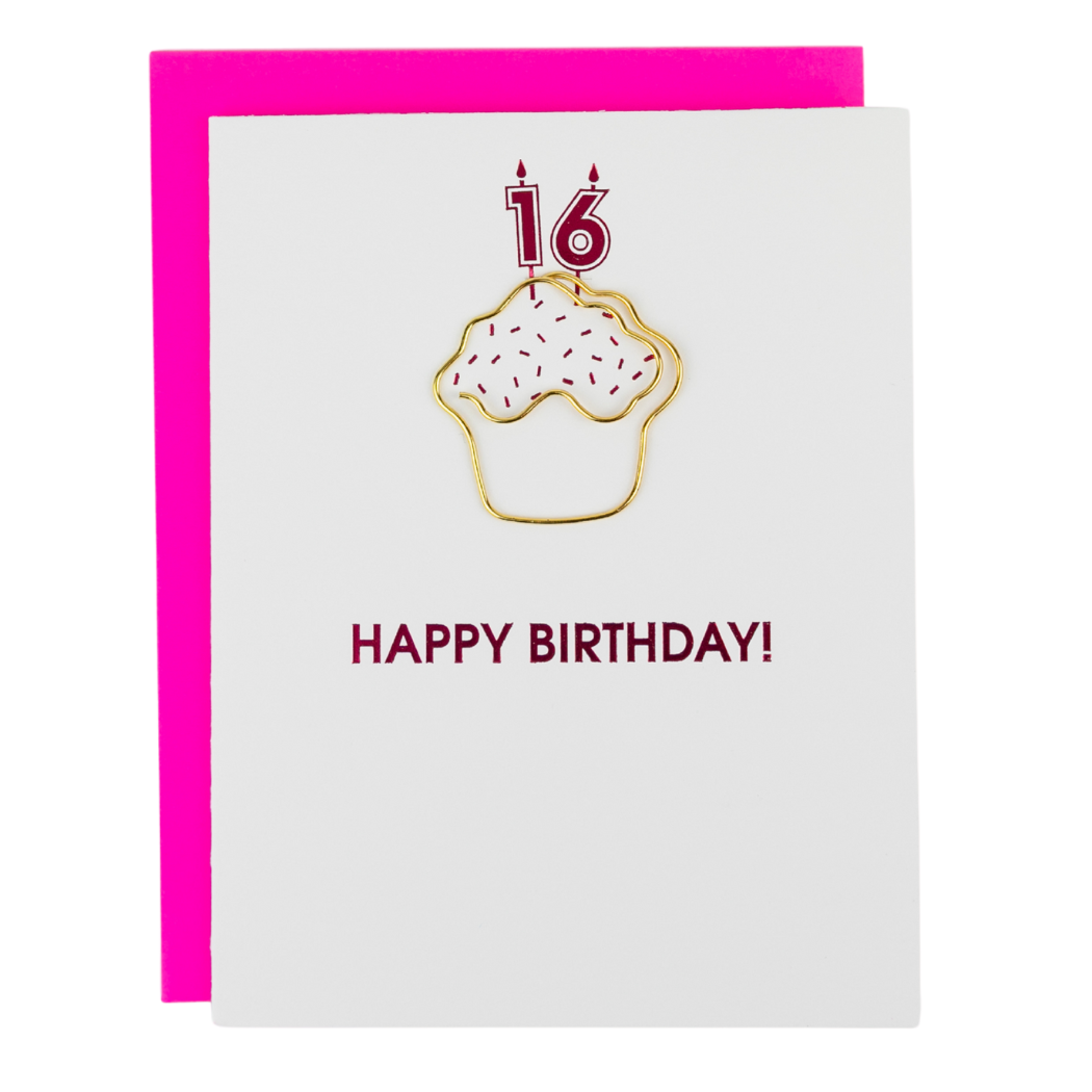 Birthday card with cupcake paper clip/illustration and 'Happy Birthday!' text on a white background with pink border