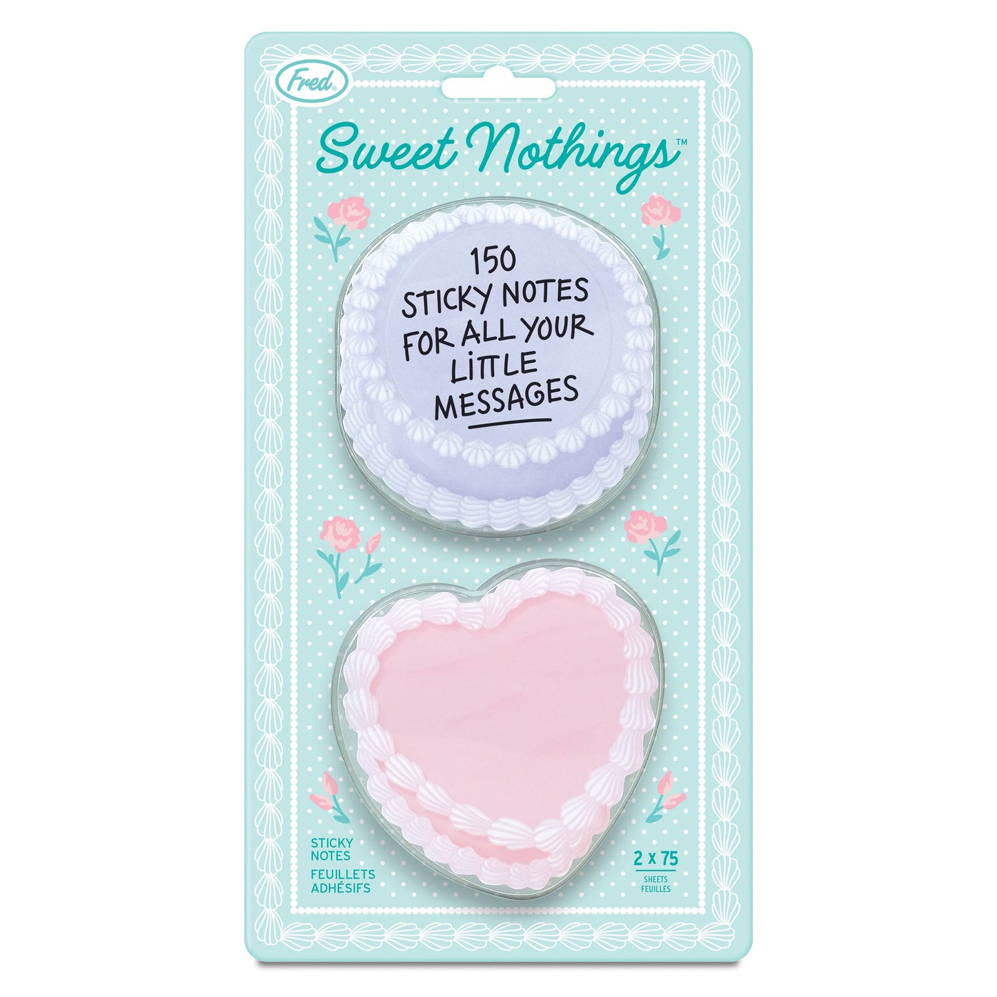 Packaged sticky notes with heart and round shaped cakes on a light blue background