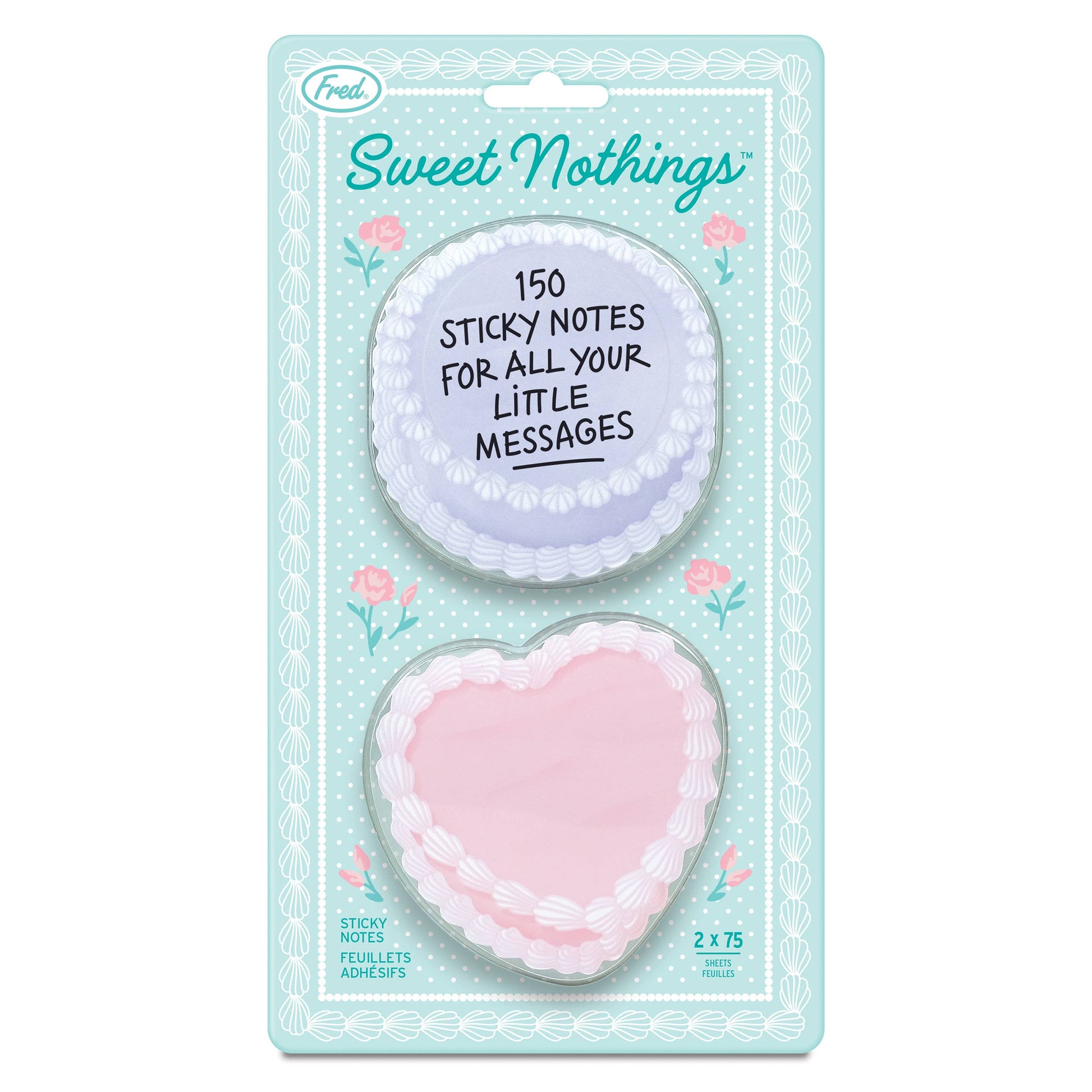 Packaged sticky notes with heart and round shaped cakes on a light blue background