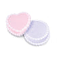 Two heart and round shaped cake sticky notes, one pink and one purple, on a white background.