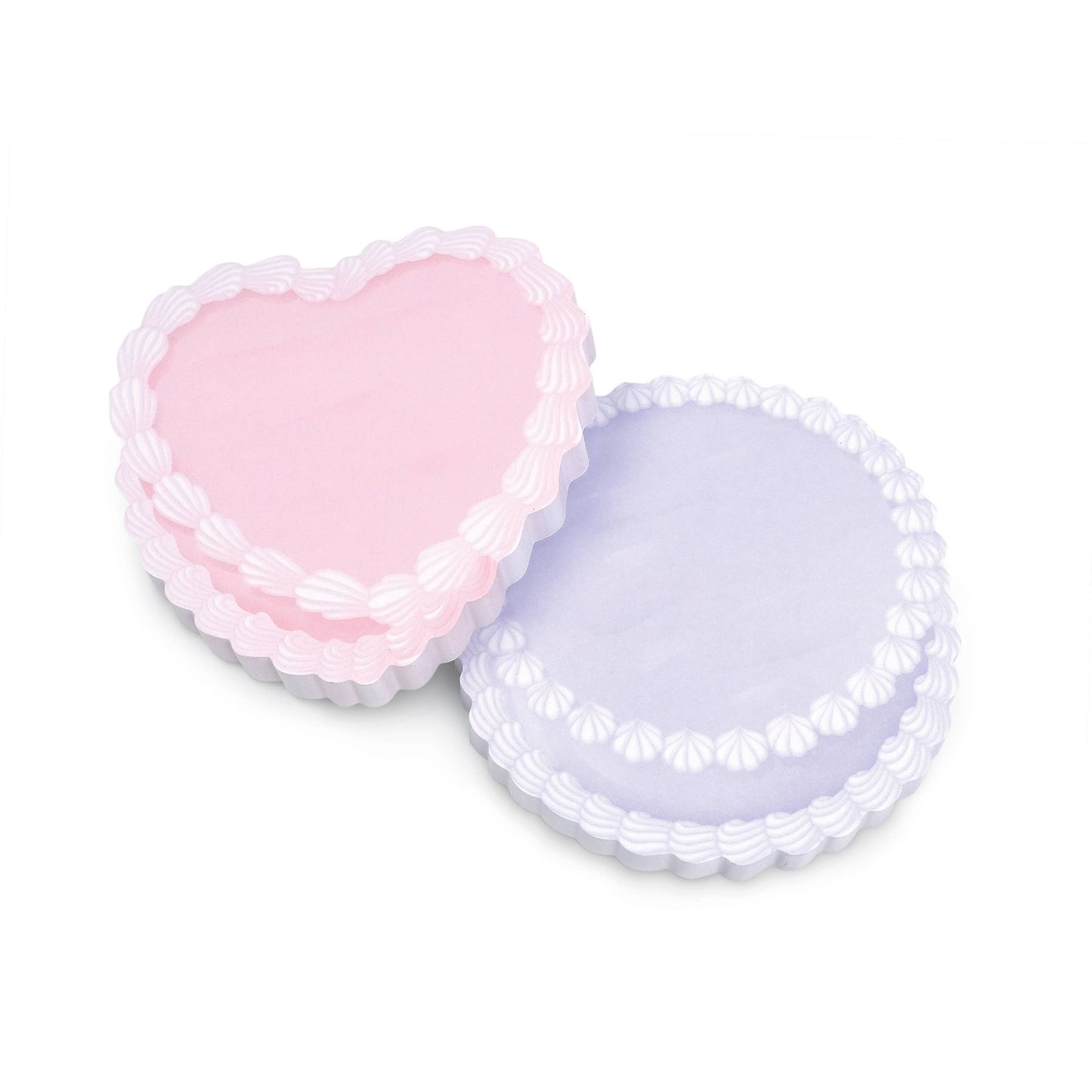 Two heart and round shaped cake sticky notes, one pink and one purple, on a white background.