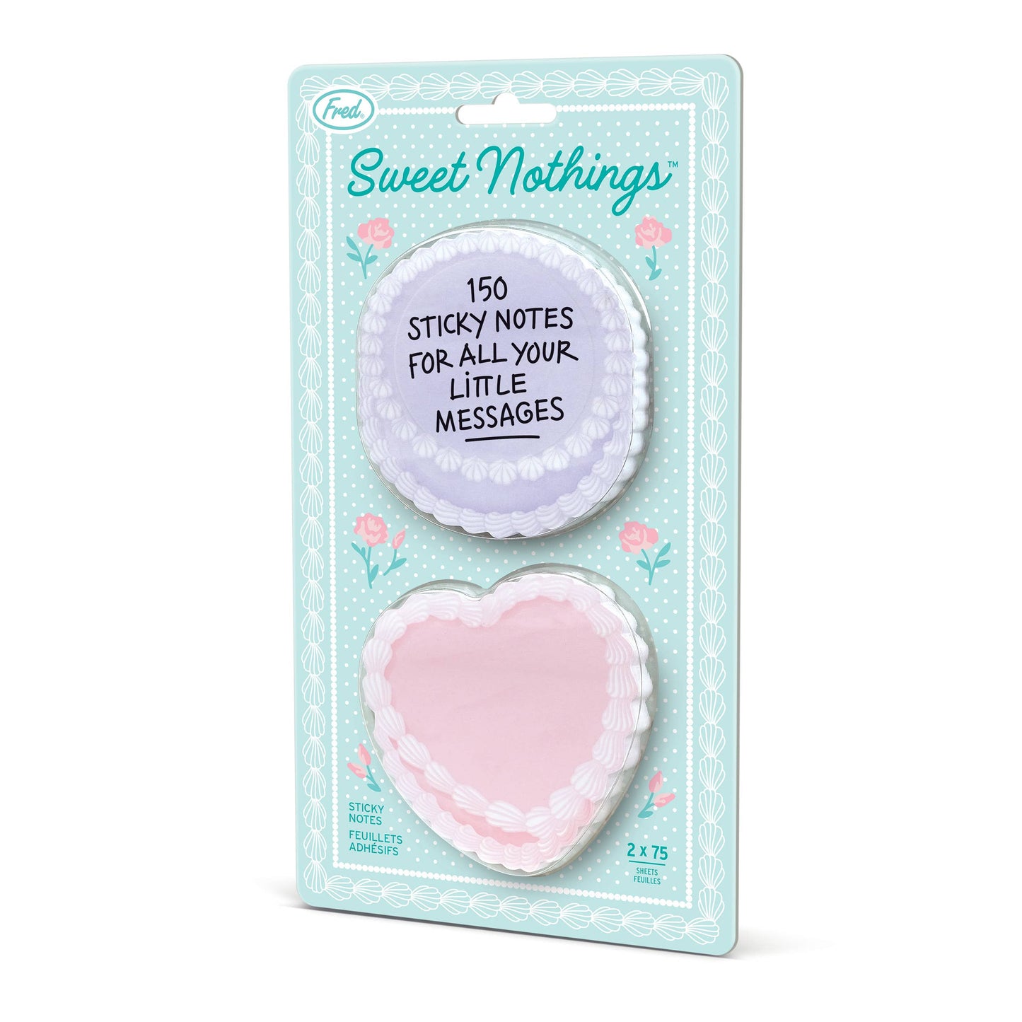 Packaged sticky notes with heart and round shapes on a light blue background