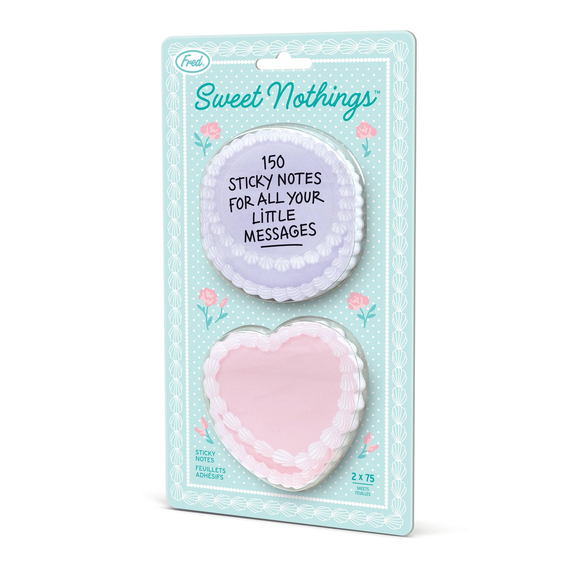 Packaged sticky notes with heart and round shapes on a light blue background