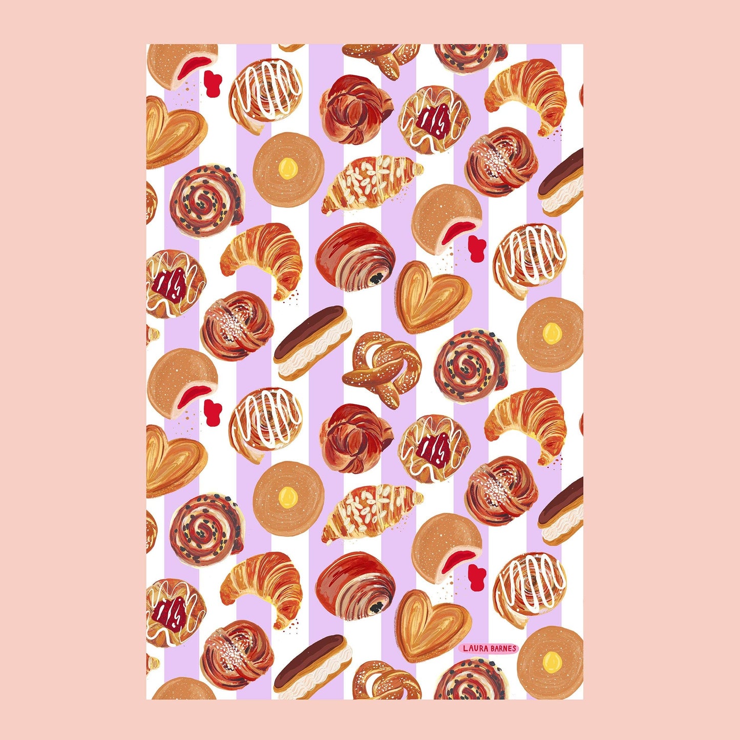 lilac and white striped tea towel featuring illustrations of pastries such as cinnamon rolls, doughnuts and croissants on it