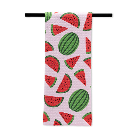 Pink weave towel with watermelon pattern.