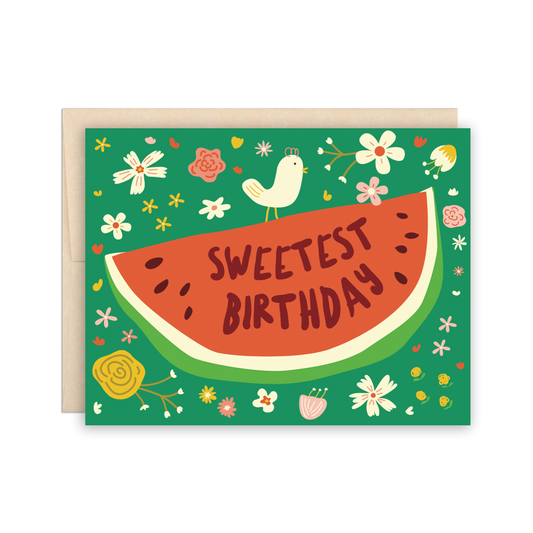 Birthday card with floral art and a watermelon on the front, with text that reads "sweetest birthday" 