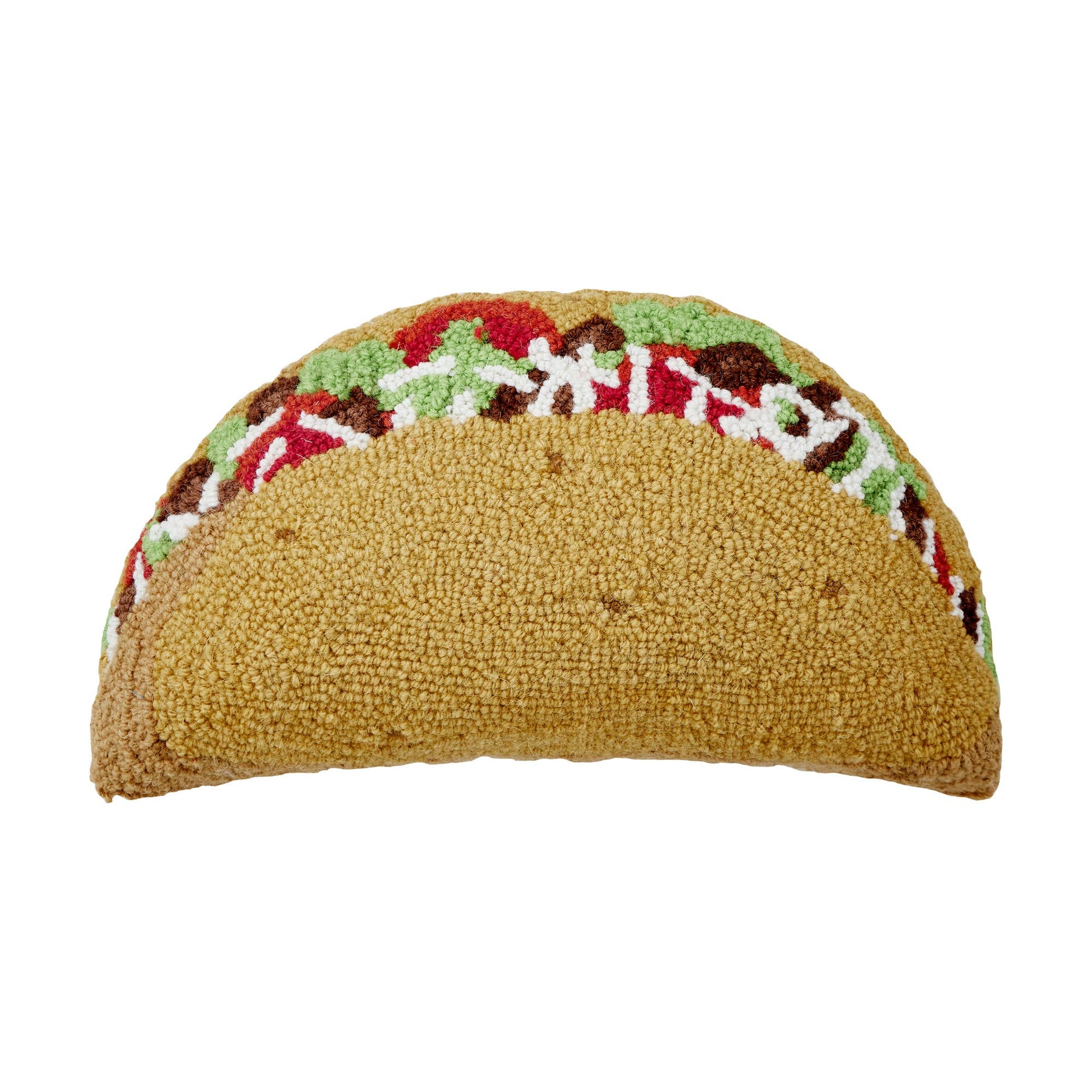 Taco-shaped pillow with a colorful filling on a white background