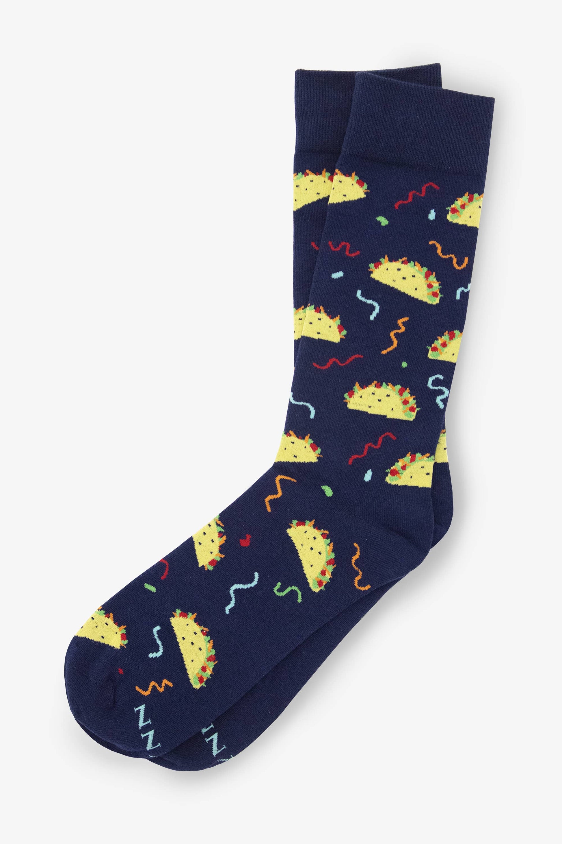 Navy blue socks with pizza pattern on a white background