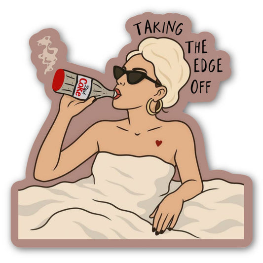 Illustration of a woman drinking a can of Diet Coca-Cola with text 'Taking the Edge Off' on a white background.