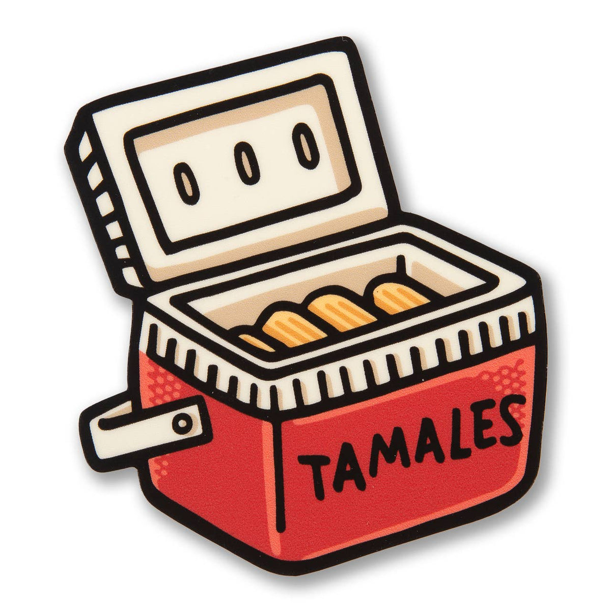 A cartoon-style red cooler with the word "TAMALES" printed on the front, shown open with tamales inside. The illustration has bold black outlines and a light gray background.